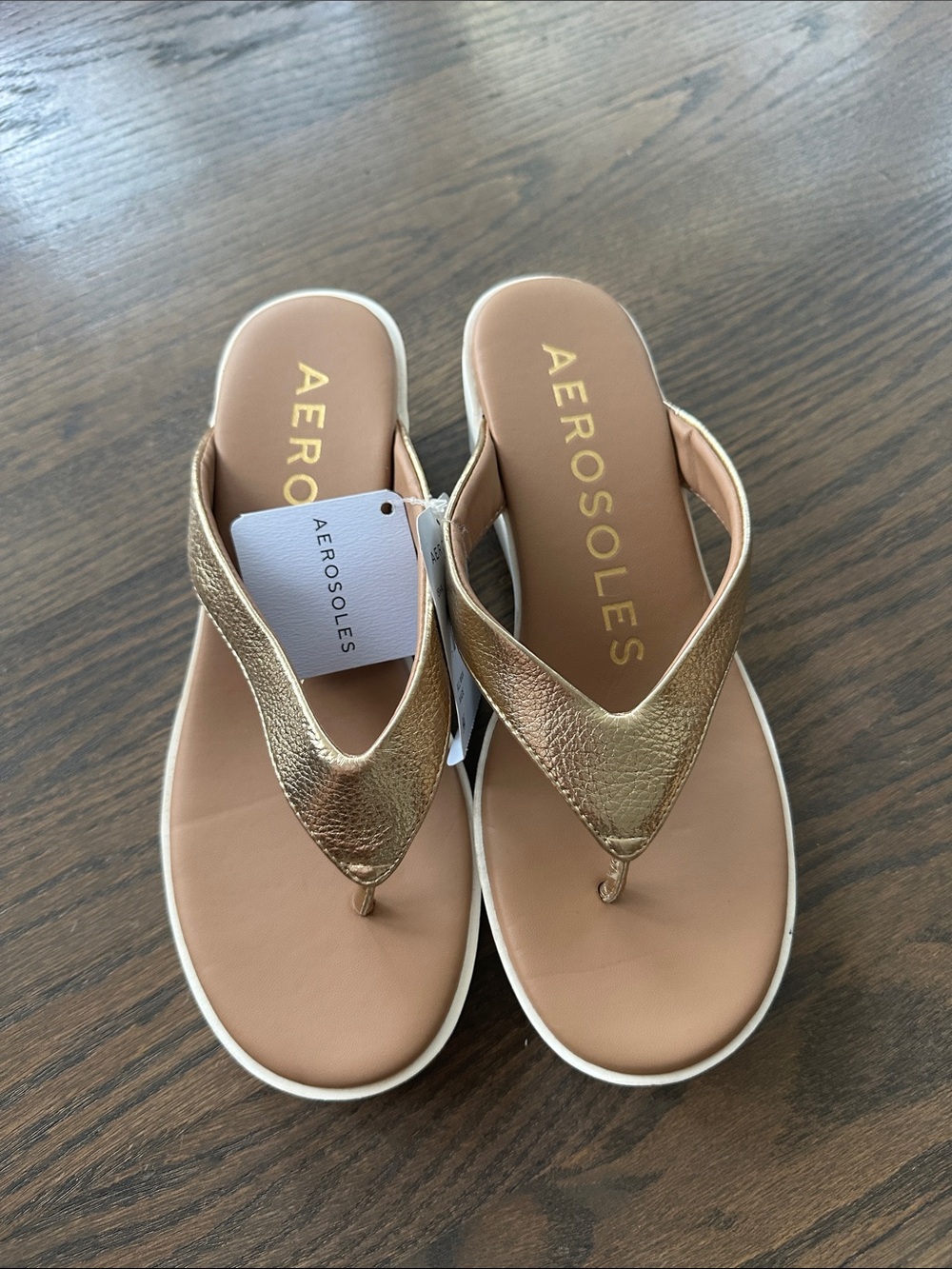 AEROSOLES Metallic Gold Leather Thong Sandals